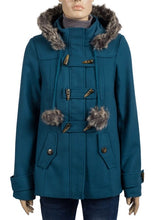 Load image into Gallery viewer, Teal Faux Fur Trim Hooded Duffle Coat