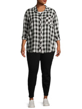 Load image into Gallery viewer, Ladies Black & White Plaid Button Down Long Sleeve Plus Size Tops