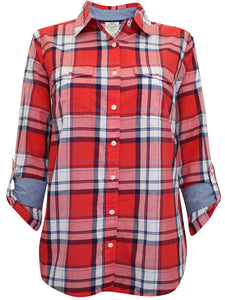 Red Multi Pure Cotton Button Down Checked Plus Size Shirt Top