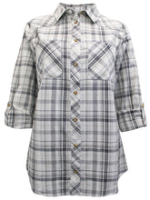 Load image into Gallery viewer, Ladies Grey Plaid Pocket Button Down Checked Cotton Long Sleeve Plus Size Shirts