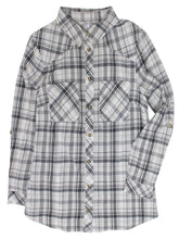 Load image into Gallery viewer, Ladies Grey Plaid Pocket Button Down Checked Cotton Long Sleeve Plus Size Shirts