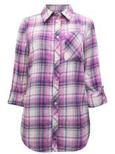 Load image into Gallery viewer, Ladies Indigo Plaid Checked Cotton Long Sleeve Shirt Tops