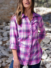 Load image into Gallery viewer, Ladies Indigo Plaid Checked Cotton Long Sleeve Shirt Tops