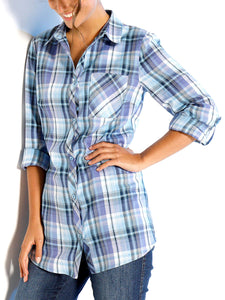 Ladies Blue & Lilac Mix Plaid Checked Cotton Long Sleeve Shirt Tops