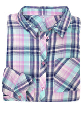 Load image into Gallery viewer, Ladies Turquoise Multi Plaid Button Cotton Plus Size Long Sleeve Shirt Tops