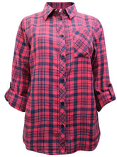 Load image into Gallery viewer, Ladies Red & Black Multi Plaid Checked Cotton Long Sleeve Shirt Tops