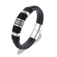 Load image into Gallery viewer, Mens Multilayer Braided Leather &amp; Stainless Steel Bars Magnetic Clasp Bracelets
