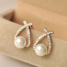 Load image into Gallery viewer, Ladies Gold Plated Cross Pearl Crystal Stud Earrings
