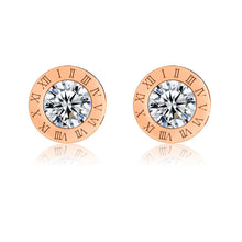 Load image into Gallery viewer, Unisex Rose Gold Round Crystal Centre Anti Allergy Stainless Steel Numeral Earrings