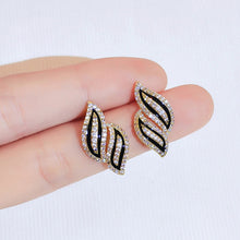 Load image into Gallery viewer, Ladies Full Crystal Rhinestone Black Enamel Double Leaves Stud Earrings