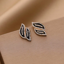 Load image into Gallery viewer, Ladies Full Crystal Rhinestone Black Enamel Double Leaves Stud Earrings