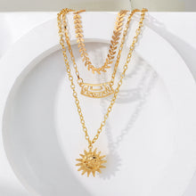 Load image into Gallery viewer, Ladies Gold 3Tier Multi Layer Sun Cutout Wall Choker Wheat Chain Party Necklace