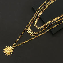 Load image into Gallery viewer, Ladies Gold 3Tier Multi Layer Sun Cutout Wall Choker Wheat Chain Party Necklace