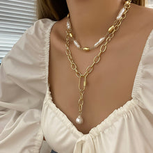 Load image into Gallery viewer, Ladies Gold Pearl Chunky Baroque Irregular Metal Toggle Clasp 2 Tier Necklace
