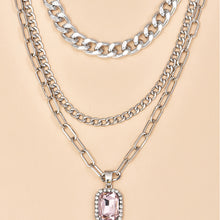 Load image into Gallery viewer, Ladies Silver 3Tier Multi Layer Circle Link Rectangular Crystal Pendant Necklace