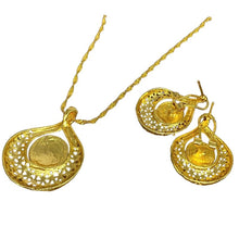 Load image into Gallery viewer, Ladies Gold Round Overlap Cross Cutout Crystal Pendant & Earring Necklace Set