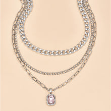 Load image into Gallery viewer, Ladies Silver 3Tier Multi Layer Circle Link Rectangular Crystal Pendant Necklace