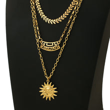 Load image into Gallery viewer, Ladies Gold 3Tier Multi Layer Sun Cutout Wall Choker Wheat Chain Party Necklace