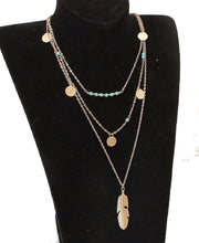 Load image into Gallery viewer, Gold Turquoise Beaded & Circle Feather 3Tier Multilayer Necklace