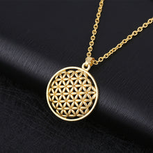 Load image into Gallery viewer, Ladies Gold Round Cutout Flower of Life Mandala Stainless Steel Pendant Necklace