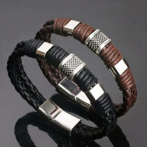 Mens Multilayer Braided Leather &amp; Stainless Steel Bars Magnetic Clasp Bracelets