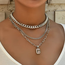 Load image into Gallery viewer, Ladies Silver 3Tier Multi Layer Circle Link Rectangular Crystal Pendant Necklace