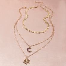 Load image into Gallery viewer, Ladies Triple Layer Gold Zircon Half Crystal Moon Sun Pendants Necklace Set