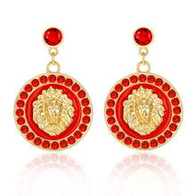 Load image into Gallery viewer, Ladies 18K Gold Plated Red Rhinestone Round Dangle Stud Earrings
