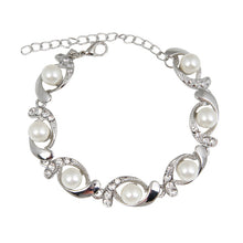 Load image into Gallery viewer, Ladies Simulated Pearl Crystal Twirl Link Adjustable Bracelet