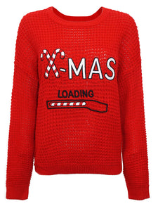 Ladies Red Festive Candy Cane 'X-MAS Loading' Knitted Jumper