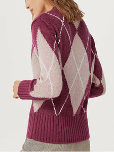 Ladies Ellos Wine Wool Blend Argyle Ribbed Knitted Jumper