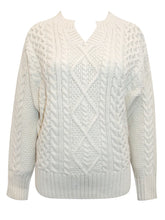 Load image into Gallery viewer, Ladies Cream Ribbed V Neck Chunky Cable Knit Jumper