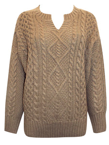 Ladies Yessica Coffee Ribbed V Neck Chunky Cable Knit Jumper