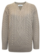 Load image into Gallery viewer, Ladies Beige Ribbed V Neck Chunky Cable Knit Jumper