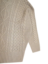 Load image into Gallery viewer, Ladies Beige Ribbed V Neck Chunky Cable Knit Jumper