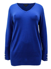 Load image into Gallery viewer, Ladies Blue Black Pearl Button Cuff Soft Knit V-Neck Plus Size Jumpers