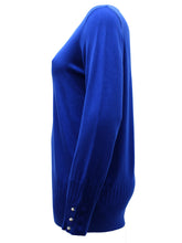 Load image into Gallery viewer, Ladies Blue Black Pearl Button Cuff Soft Knit V-Neck Plus Size Jumpers