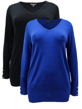 Load image into Gallery viewer, Ladies Blue Black Pearl Button Cuff Soft Knit V-Neck Plus Size Jumpers