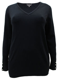 Ladies Blue Black Pearl Button Cuff Soft Knit V-Neck Plus Size Jumpers