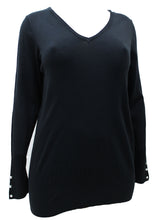 Load image into Gallery viewer, Ladies Blue Black Pearl Button Cuff Soft Knit V-Neck Plus Size Jumpers