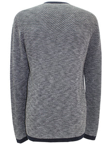 Mens Navy Pure Cotton Honeycomb Textured Ribbed Crew Neck Long Sleeve Jumpers