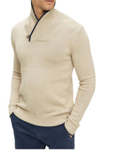 Load image into Gallery viewer, Mens Ecru Ribbed Buttoned Contrast Trim Shawl Neck Knitted Jumpers