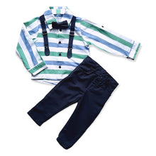 Load image into Gallery viewer, Boys Green Multi Stripes Collared Shirt Bow Tie Suspender & Navy Trouser Set