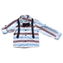 Load image into Gallery viewer, Boys Party Outfit Stripe Collared Shirt Bow Tie Suspender & Navy Trouser Set