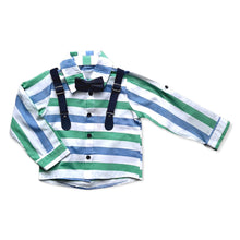 Load image into Gallery viewer, Boys Green Multi Stripes Collared Shirt Bow Tie Suspender & Navy Trouser Set