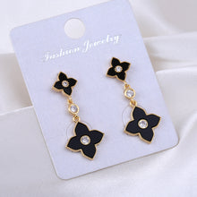 Load image into Gallery viewer, Ladies Black Gold Stainless Steel Four Leaf Clover Tassel Drop Stud Earrings