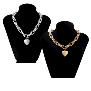 Ladies Gold / Silver Heart Pendant Chunky Circle InterLink Chain Choker Party Necklace