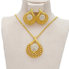 Load image into Gallery viewer, Ladies Gold Round Overlap Cross Cutout Crystal Pendant & Earring Necklace Set