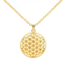 Load image into Gallery viewer, Ladies Gold Round Cutout Flower of Life Mandala Stainless Steel Pendant Necklace