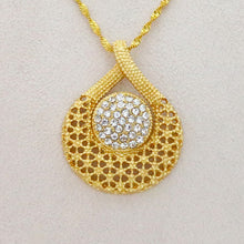 Load image into Gallery viewer, Ladies Gold Round Overlap Cross Cutout Crystal Pendant & Earring Necklace Set
